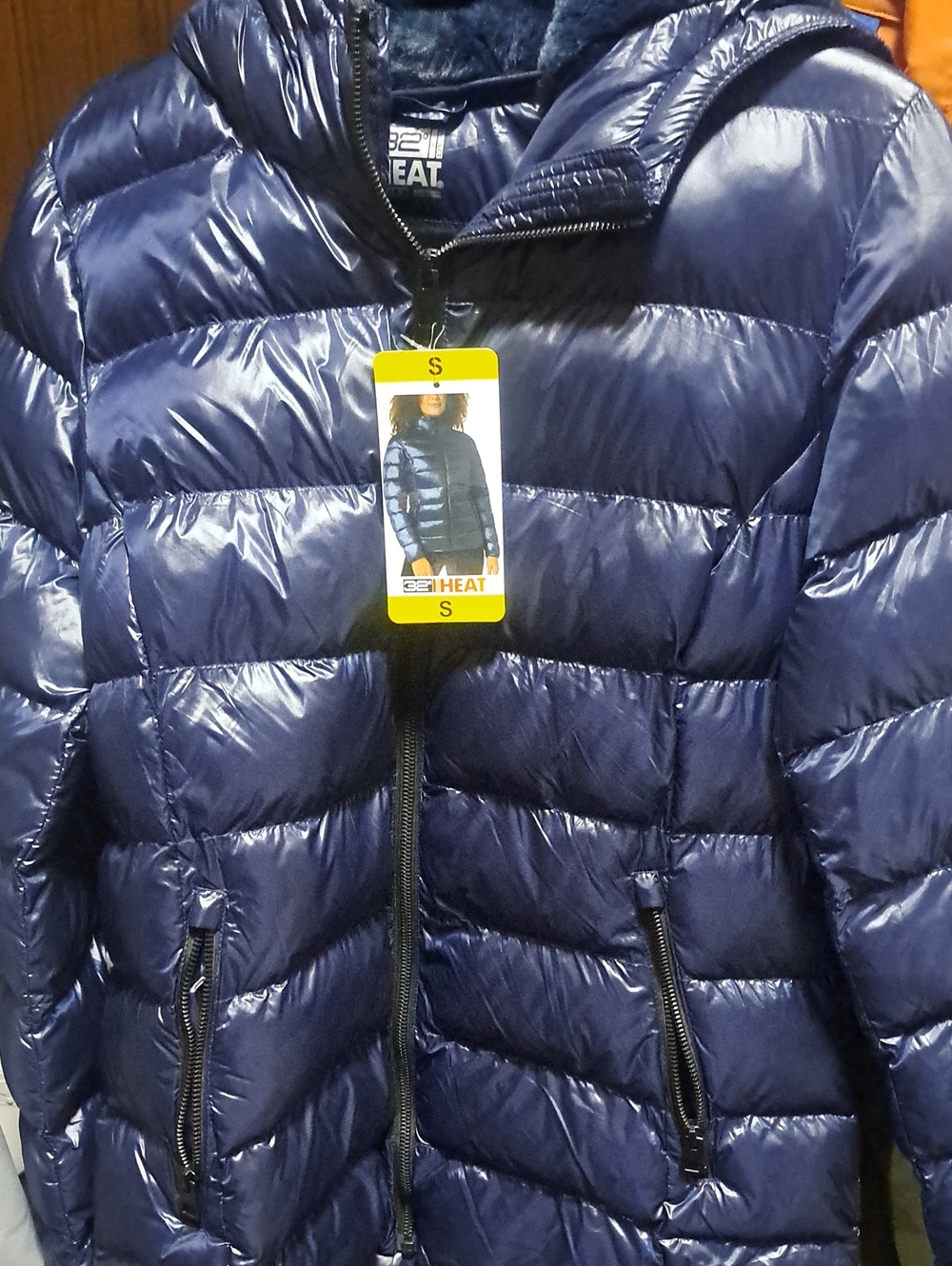32 Degrees Heat Women's Faux Fur Hood Shiny Puffer Jacket - Dark Turquois Size S - Picture 1 of 4